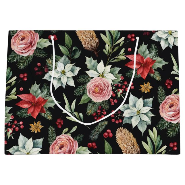 Moderne Elegant Dark Floral Weihnachten Große Geschenktüte (Vorderseite)