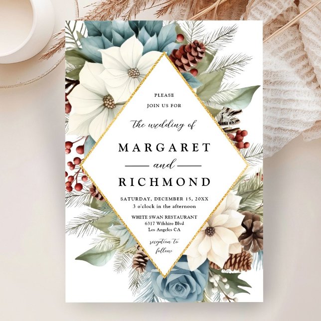 Moderne Elegant Dusty Blue Floral Weihnachten Wint Einladung (Von Creator hochgeladen)