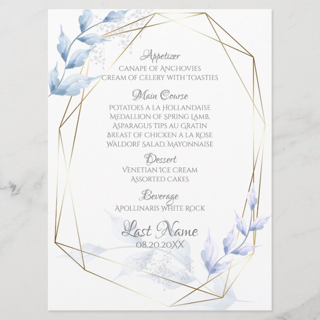 Moderne Elegant Dusty Blue Pale Lilac Foliage Menükarte (Vorderseite)