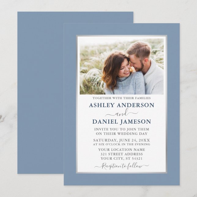 Moderne Elegant Dusty Blue Silver Wedding Einladung (Vorne/Hinten)