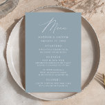 Moderne Elegant Dusty Blue Wedding Menükarte<br><div class="desc">Einfaches und elegantes Hochzeitsmenü mit "Menü",  das in einem modernen weißen Skript mit einem staubigen blauen Hintergrund oder Farbe Ihrer Wahl angezeigt wird. Personalisieren Sie das dustig blaue Hochzeitsmenü,  indem Sie Ihre Namen,  das Hochzeitsdatum und Menüinformationen hinzufügen. Entworfen,  um mit unserer Hochzeitskollektion "Moderne Elegance" zu koordinieren.</div>