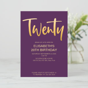 Moderne Elegant Einfache Lila 20 Geburtstagsparty Einladung