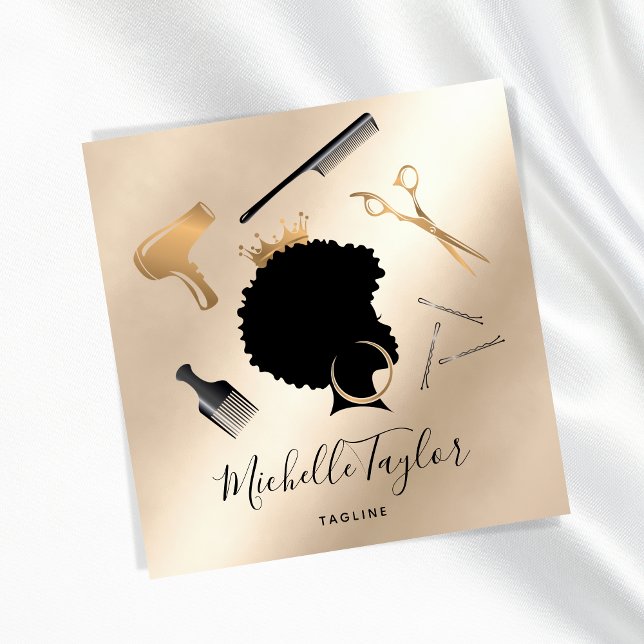 Moderne Elegant Fairstylist Afro American FRAU Quadratische Visitenkarte (Von Creator hochgeladen)