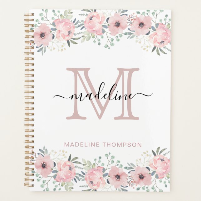 Moderne Elégant Floral Blush Pink Monogram Planner (Devant)