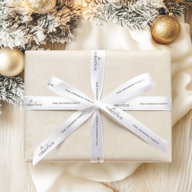 Moderne Elegant frohe Weihnachtsfamilie Name Satinband (Modern elegant 'Merry Christmas' personalised name white gift ribbon for your gifts this Christmas)