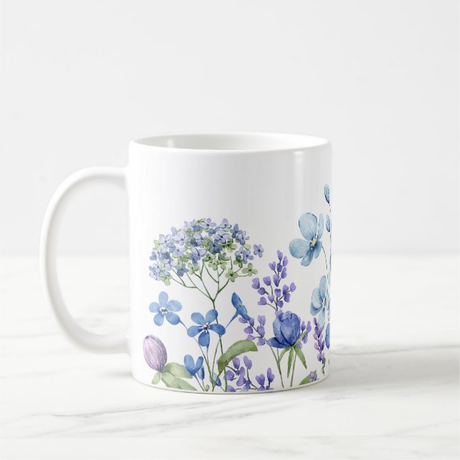 Moderne Elegant Girl Wildblume Blaues Aquarell Kaffeetasse (Links)