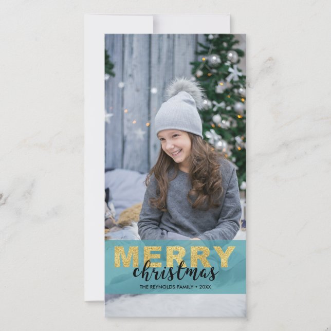 Moderne Elegant Gold Blue Frohe Weihnachten Fotoka (Vorderseite)