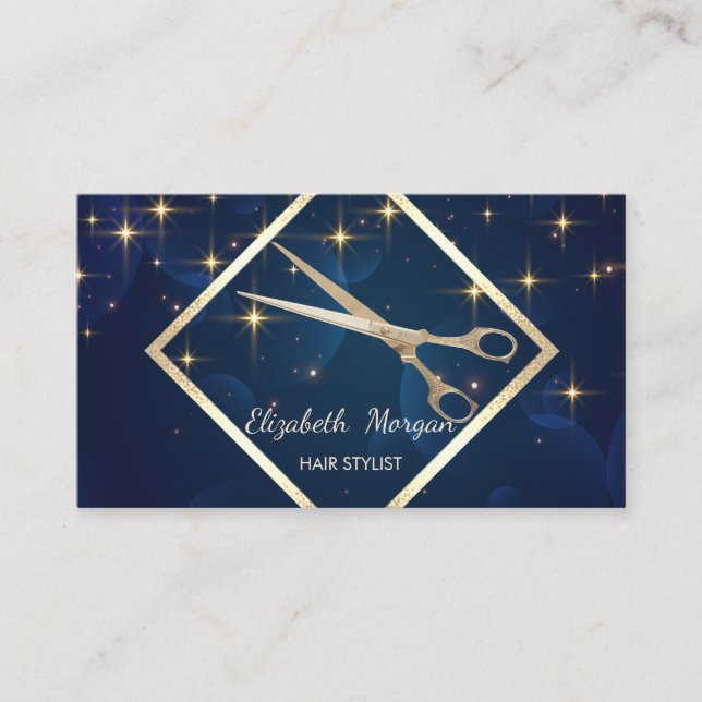 Moderne Elegant-, Gold- und Navy-Blau, Scheren Visitenkarte (Vorderseite)