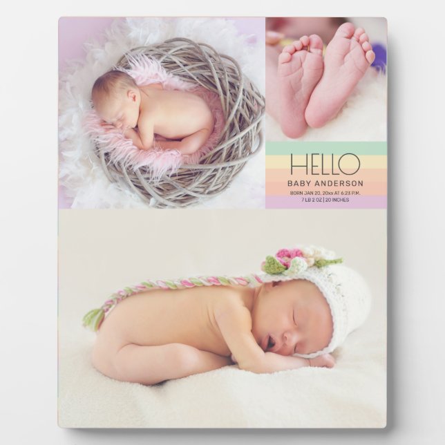 Moderne Elegant Hello Baby Foto Geburtsdatum Fotoplatte (Vorderseite)