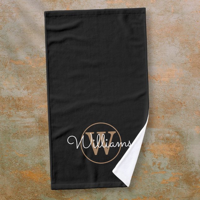 Moderne élégant monogramme de nom de script noir o (Modern Stylish Black Gold Monogram Script Name Hand Towel)
