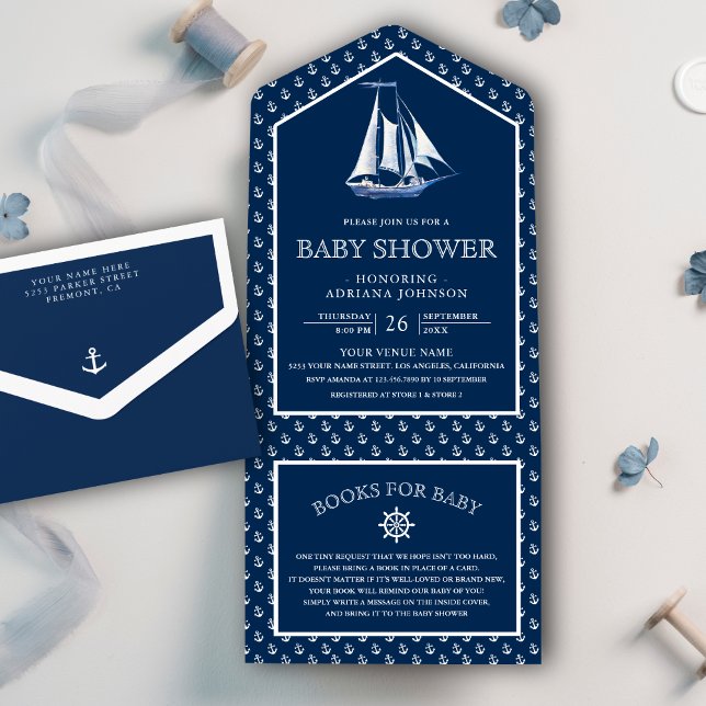 Moderne Elegant Nautical Ship Navy Blue Baby Dusch All In One Einladung (Von Creator hochgeladen)