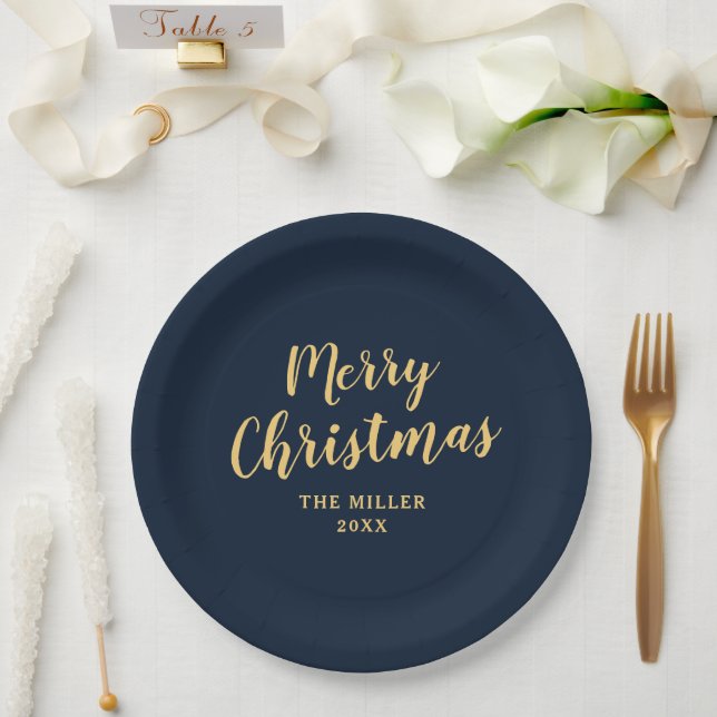 Moderne Elegant Navy Blue Frohe Weihnachten Pappteller (Hochzeit)