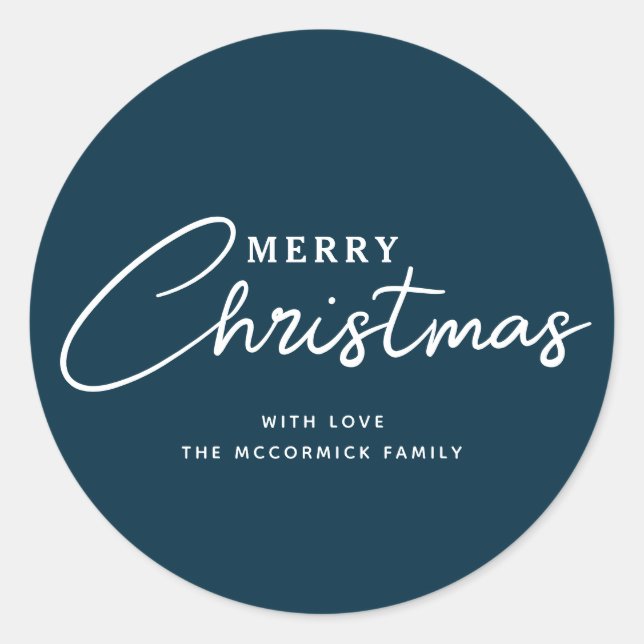 Moderne Elegant Navy Blue Frohe Weihnachtsnamen Runder Aufkleber (Vorderseite)
