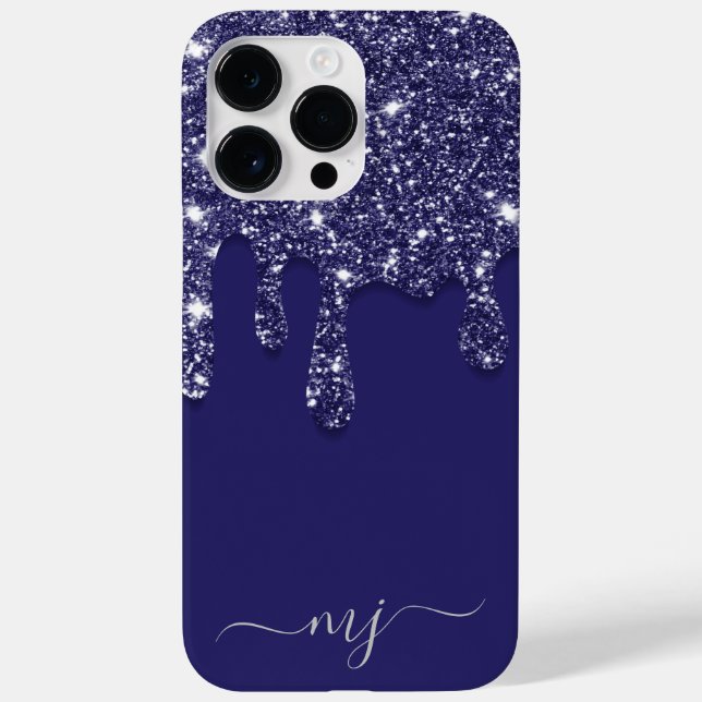 Moderne Elegant Navy Blue Glitzer Dripping Case-Mate iPhone 14 Pro Max Hülle (Rückseite)