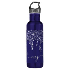 Moderne Elegant Navy Blue Glitzer Dripping Edelstahlflasche