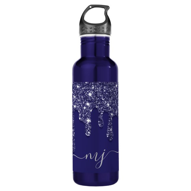 Moderne Elegant Navy Blue Glitzer Dripping Edelstahlflasche (Vorderseite)