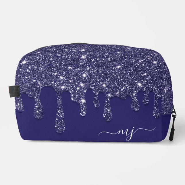 Moderne Elegant Navy Blue Glitzer Dripping Waschbeutel (Vorderseite)