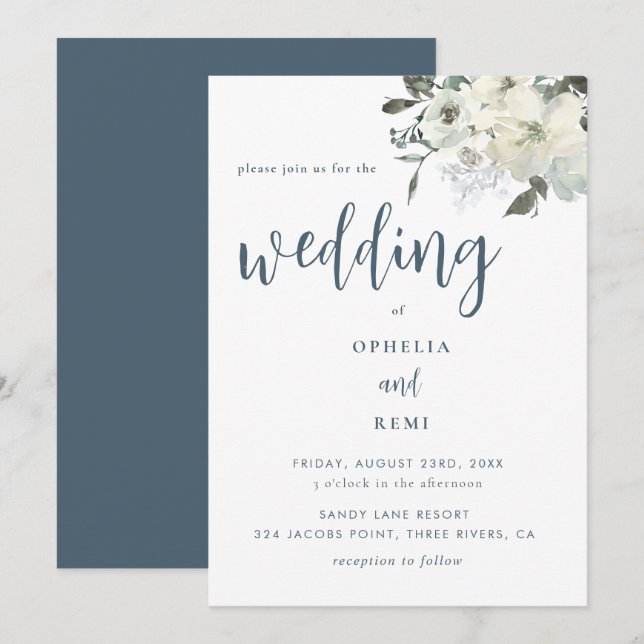 Moderne Elegant Navy Blue Ivory Floral Wedding Einladung (Vorne/Hinten)