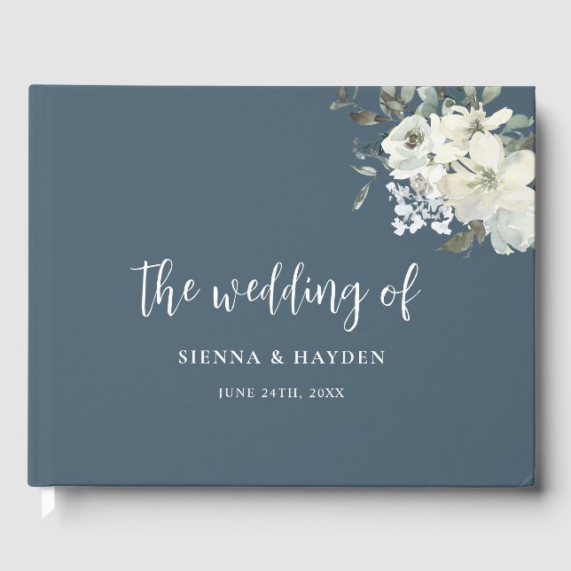 Moderne Elegant Navy Blue Ivory Floral Wedding Gästebuch (Vorderseite)