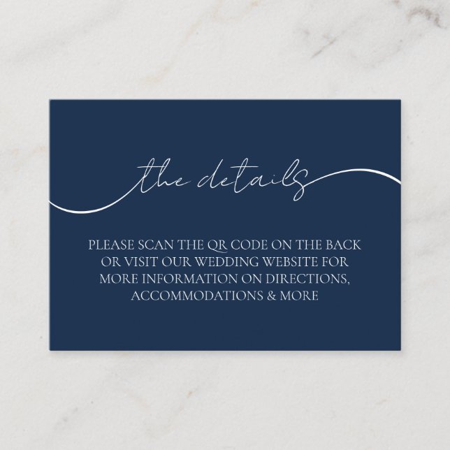 Moderne Elegant Navy Blue QR Code Hochzeitsdetails Begleitkarte (Vorderseite)