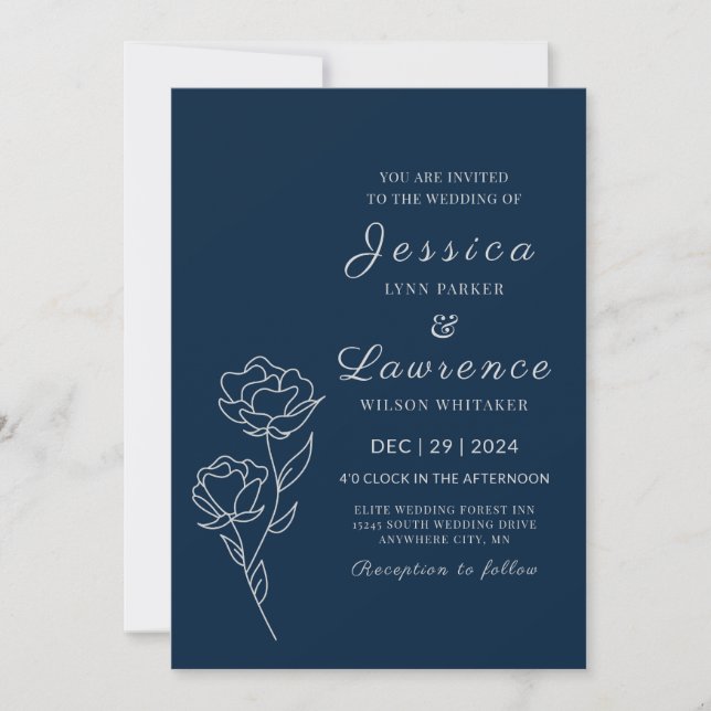 Moderne Elegant Navy Blue Silver Floral Wedding Einladung (Vorderseite)