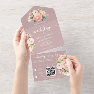 Moderne Elegant Peonies Dusty Rose QR Code Wedding All In One Einladung