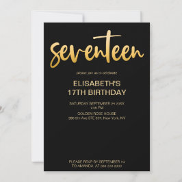 Moderne Elegant Simple Black/Gold 17 Geburtstagspa Einladung