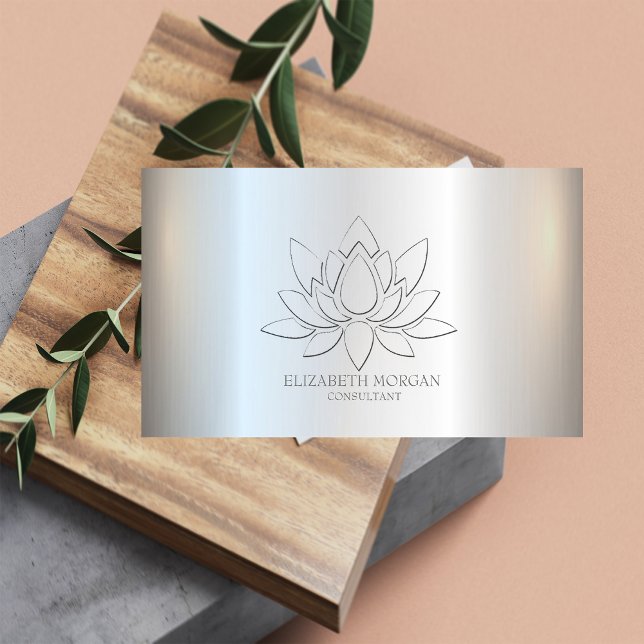 Moderne Elegant Simple Lotus Silver Metallic Visitenkarte (Von Creator hochgeladen)