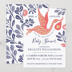 Moderne Elegant Stork Baby Girl Shower Invitation