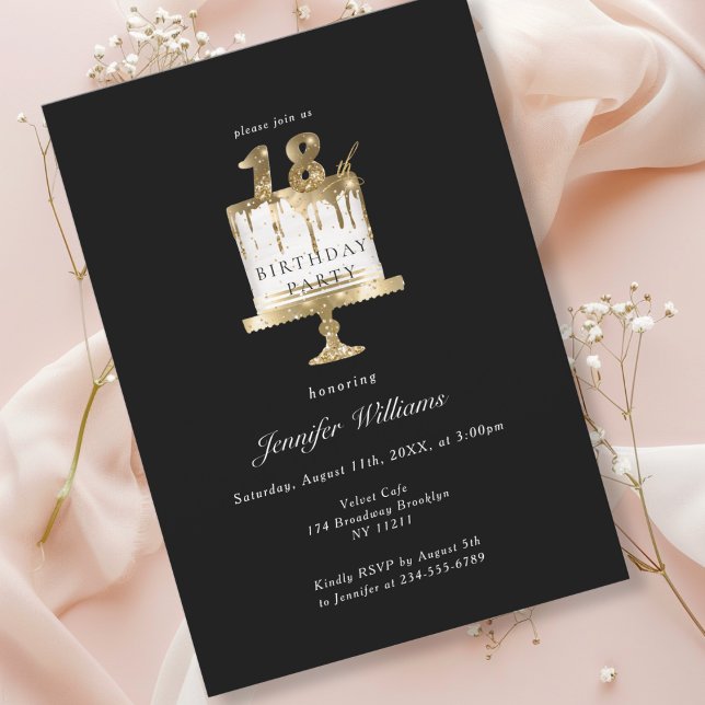 Moderne, elegante 18. Geburtstagsschwarze Einladun Einladung (Modern, elegant, luxury, black & gold, 18. birthday invitation with cake illustration.)