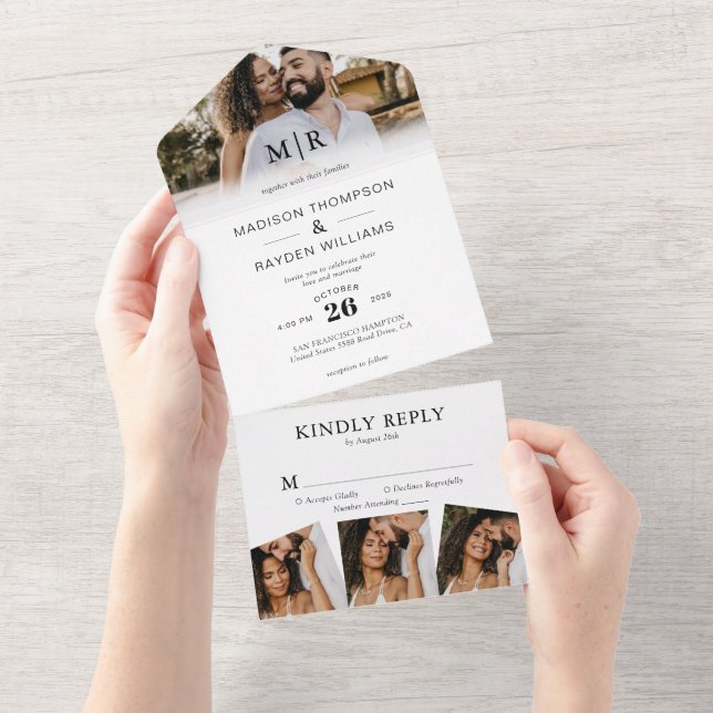 Moderne Elegante 4 Foto Classic Wedding All In One Einladung (Abreißen)