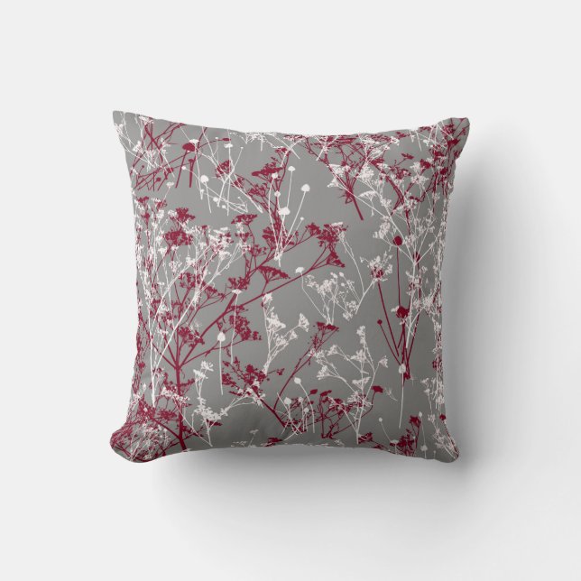 Moderne Elegante Abstrakt Gray Burgund Blumen Kissen (Vorderseite)