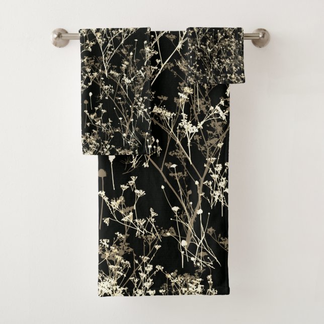 Moderne elegante Abstrakte Wildblumen Schwarz Beig Badhandtuch Set (Insitu)