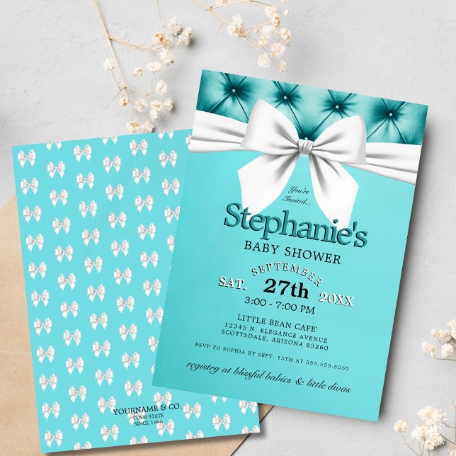 Moderne Elegante Aqua Blue Tiffany Babydusche Einladung (elegant teal blue tiffany theme baby shower invitation with chic white bow and tufted satin graphics)