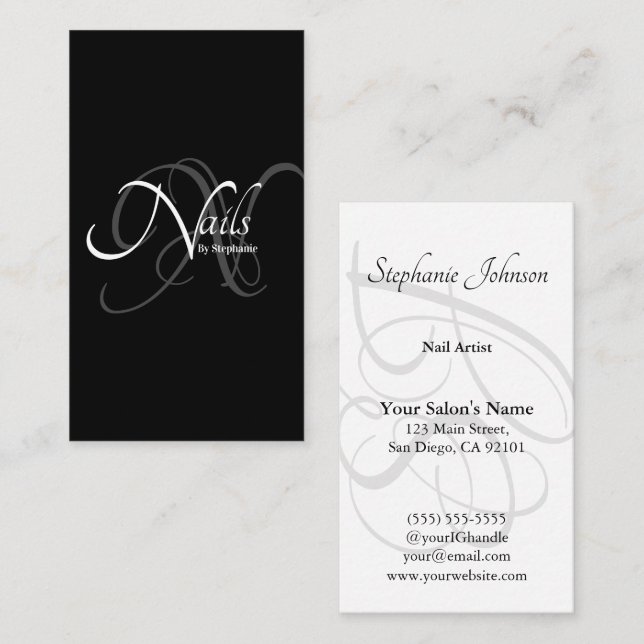 Moderne elegante B&W Monogram Typografy Nail Artis Visitenkarte (Vorne/Hinten)