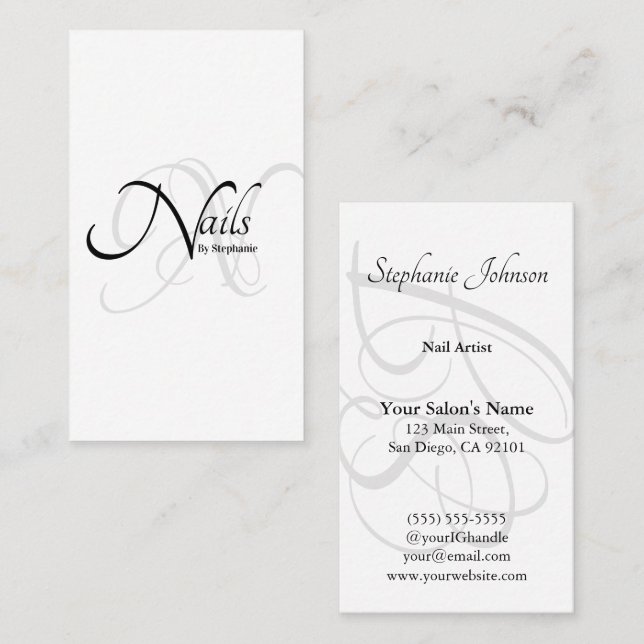 Moderne elegante B&W Monogram Typografy Nail Artis Visitenkarte (Vorne/Hinten)