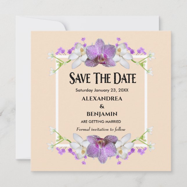 Moderne elegante, beige weiße Blume personalisiere Save The Date (Vorderseite)