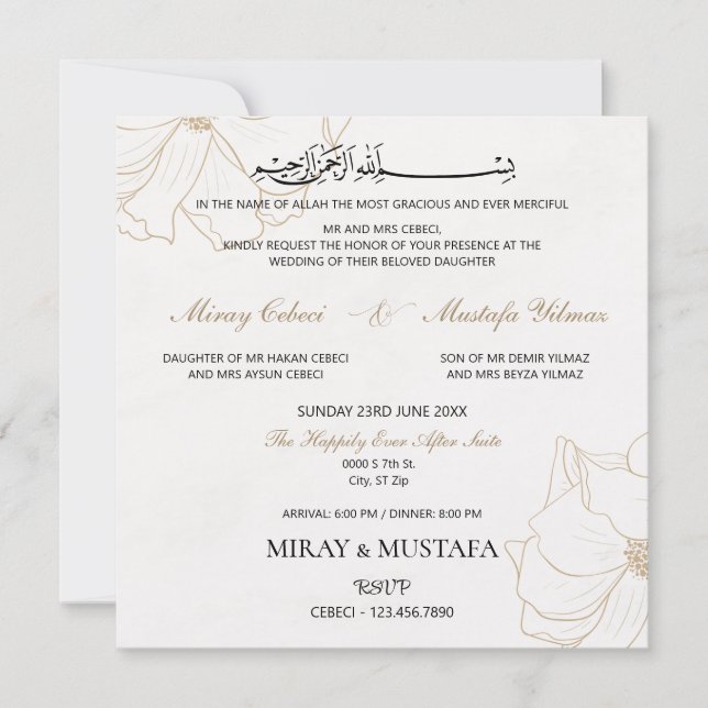 Moderne elegante Bismillah islamische Hochzeit Einladung (Vorderseite)