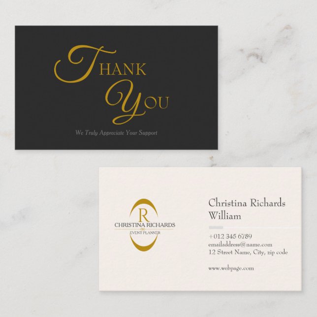 Moderne elegante Black and Gold Dankeschön Card Visitenkarte (Vorne/Hinten)