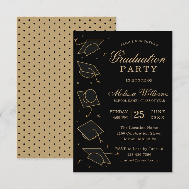 Moderne elegante Black and Gold Graduation Party Einladung (Vorne/Hinten)