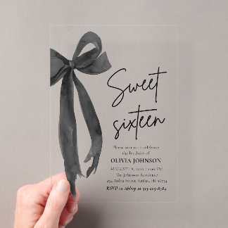 Moderne elegante Black Bow Sweet 16 Geburtstagspar Acryleinladungen