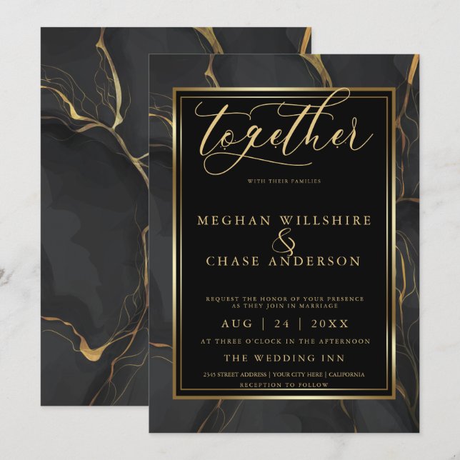 Moderne elegante Black Gold Marmor BarefootBride™ Einladung (Vorne/Hinten)