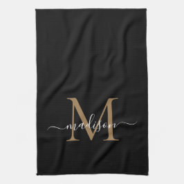 Moderne elegante Black Gold Monogram Script Name Geschirrtuch