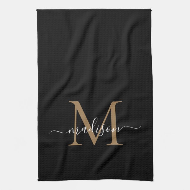 Moderne elegante Black Gold Monogram Script Name Geschirrtuch (Vertikal)