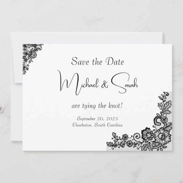 Moderne elegante Black Lace Save the Date Card (Vorderseite)
