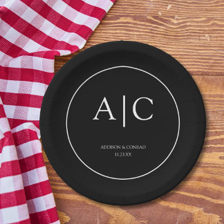 Moderne, elegante Black Monogram Wedding Round Pappteller