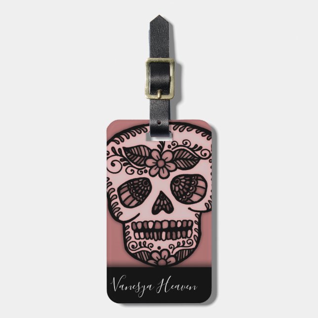 Moderne Elegante Black Travel Sugar Skull Tattoo Gepäckanhänger (Vorderseite vertikal)