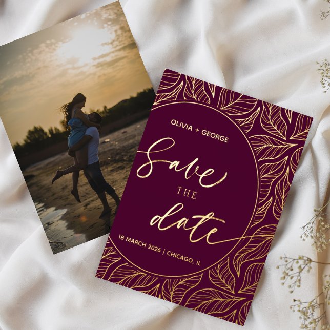 Moderne Elegante Blätter Foto Save the Date Folieneinladung (Von Creator hochgeladen)