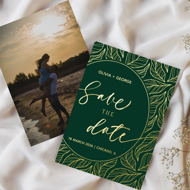 Moderne Elegante Blätter Foto Save the Date Folieneinladung (Von Creator hochgeladen)