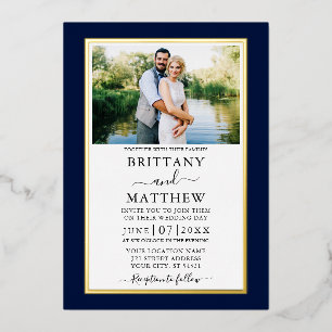 Moderne elegante blaue Foto-Hochzeit Gold Folieneinladung